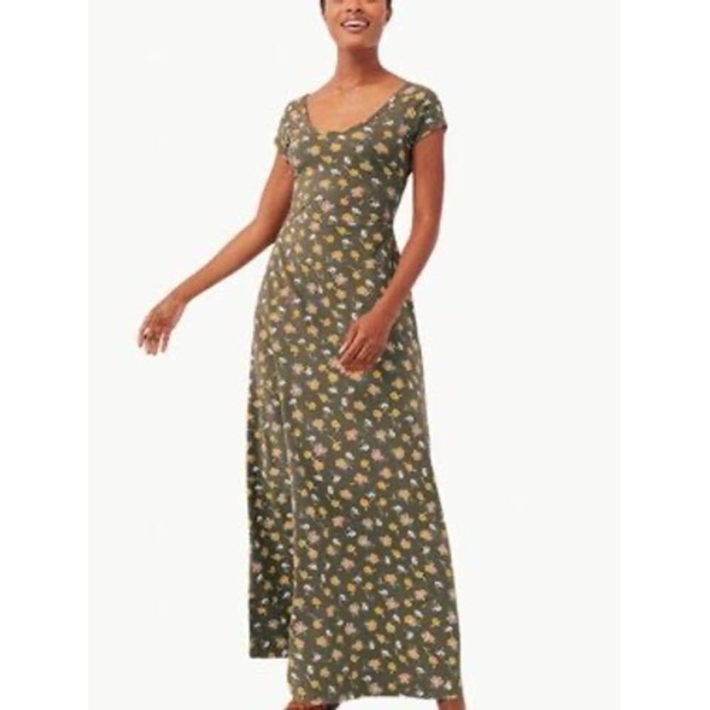 Pact Organic Cotton Floral Cutout Maxi Dress Olive Green Size S
